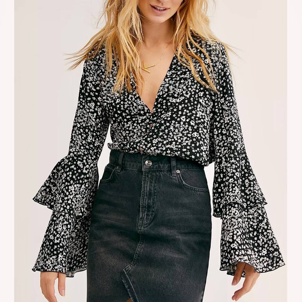Free People Ditsy Black and White Floral Bodysuit